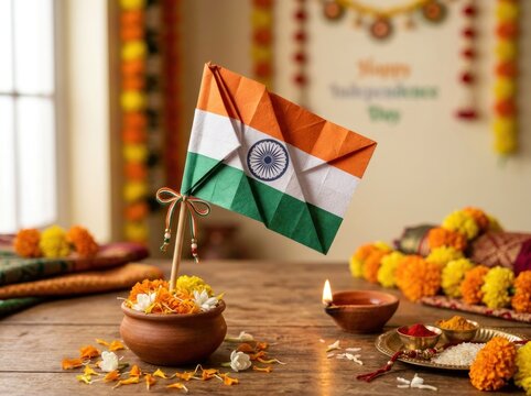 Indian Independence Day celebration with flag flowers and traditional decor.
