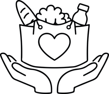 Food-Donation Grocery Bag Line Art Vector Icon For Charity Logo Design