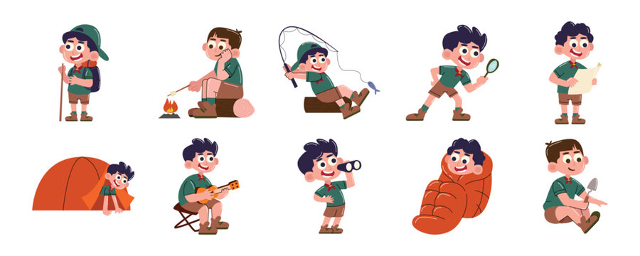 Cartoon Boy Scout Character Set Vector Illustration. Cute Adventure Kid Camping Vector Set