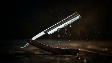 Obraz premium Classic Straight Razor with Water Droplets for Professional Barber and Wet Shaving Concept