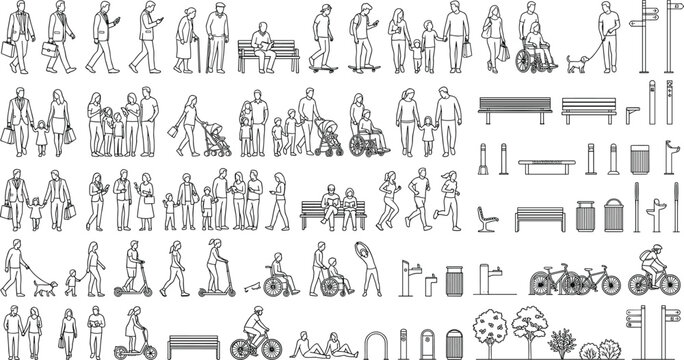 Isometric Urban People and Street Furniture CAD Blocks Vector Collection with Pedestrians Benches Bicycles Trees and Public Amenities