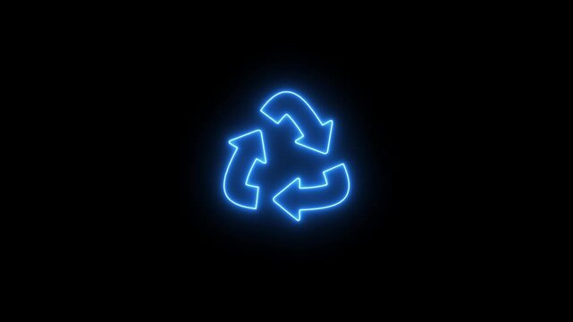 Glowing blue neon recycling symbol with three chasing arrows forming a triangle on a solid black background representing environmental conservation and sustainability initiatives