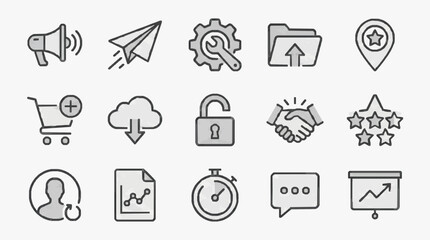 Fototapeta premium Modern Minimalist Line Icons Set Featuring Business Technology and Communication Concepts in Black and White