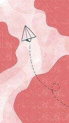 Paper airplane glides through soft, dreamy pink clouds. Dashed trail follows its gentle, upward flight. Playful motion evokes whimsy and escape. Ideal for creativity, childhood, or aspirational themes © elsdn