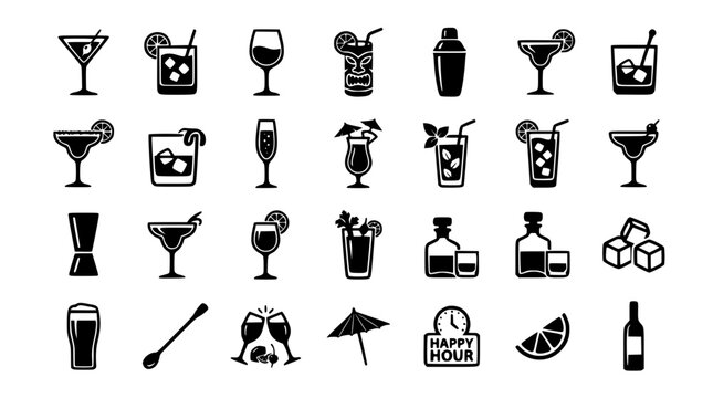 Cocktail and bar icon set with alcoholic drinks beverage glasses shaker ice cubes bottle and happy hour symbols isolated vector illustration
