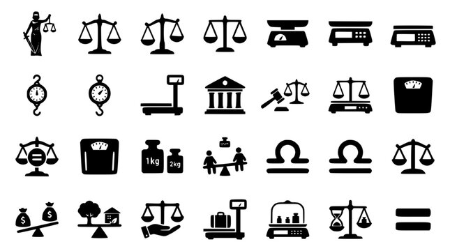 Justice scale and weighing balance icon set with law symbols courthouse gavel and mass measurement equipment isolated vector illustration
