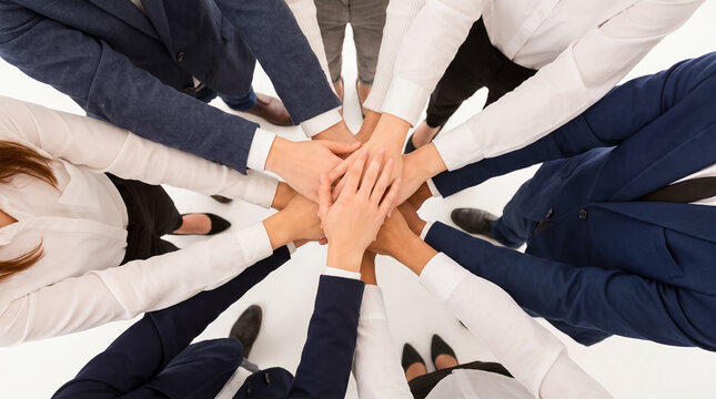 Diverse team joining hands together celebrating victory and teamwork on white background