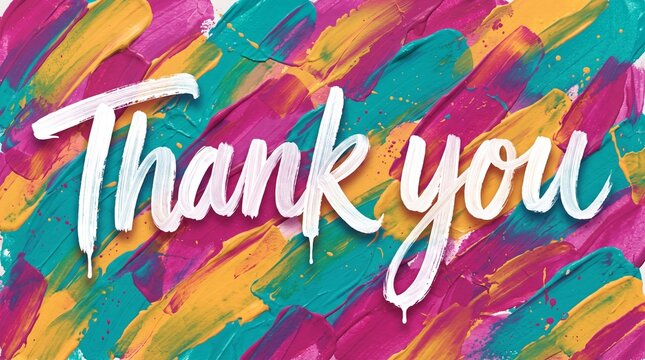 Handwritten thank you text with white paint brush strokes over colorful impasto acrylic background