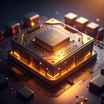 Close-up of glowing microchip circuitry.