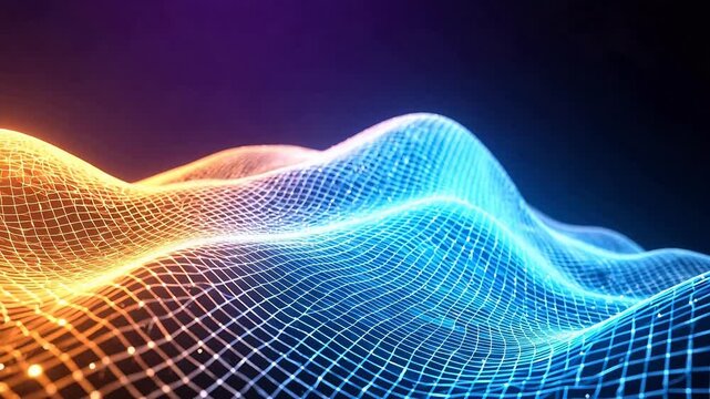 Futuristic Digital Wave with Glowing Grid Mesh in Blue and Orange Gradient