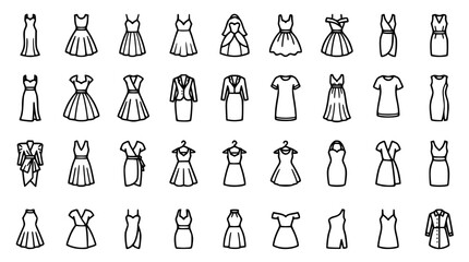 Female Clothing and Dress Line Art Icon Set with Bridal Gown Prom Dress Evening Wear and Hanger Outfits for ECommerce Store Graphic Vector © AlviAhmed