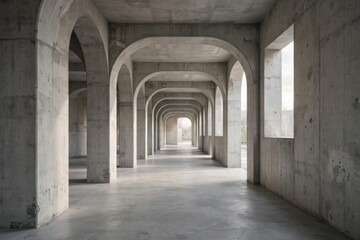 Obraz premium Long architectural corridor with repeating arches and natural light.