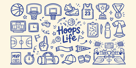 Fototapeta premium Basketball game elements and icons hand drawn with blue ink on a cream background representing hoops life