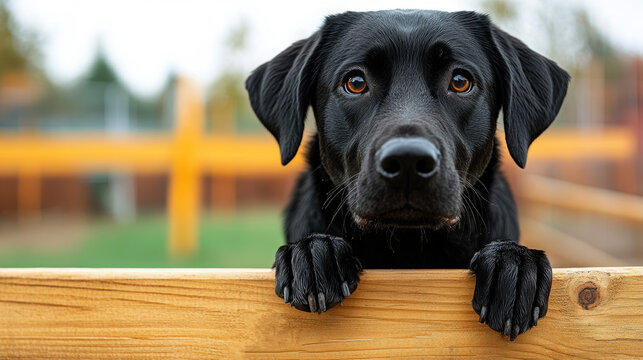 A black dog with expressive amber eyes looking over a wooden fence, resting its paws on the ledge.