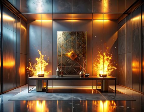 Modern interior design with fire elements.