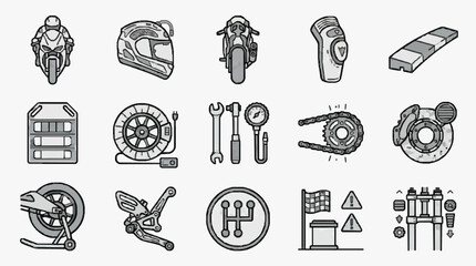 Obraz premium Minimalist Black and White Line Drawing Icons Set Featuring Motorcycle Gear Tools and Workshop Equipment