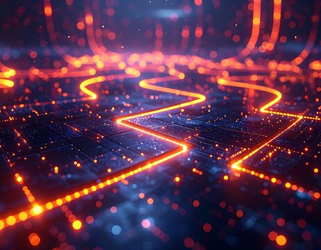 Neon Orange Digital Circuit Board Background.