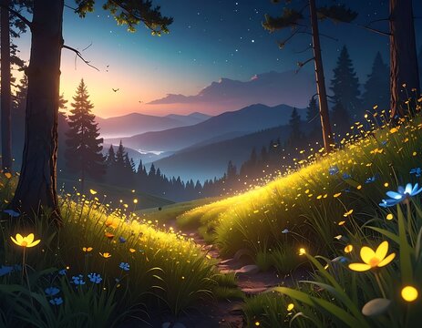 Peaceful forest landscape with fireflies.
