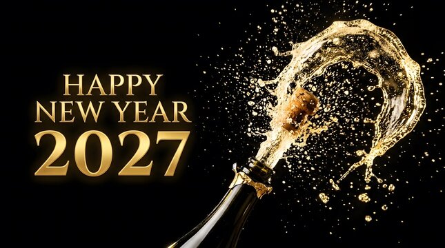 Happy new year 2027 celebration sparkling champagne bottle pop with golden text on black background