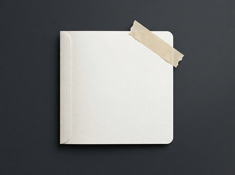 Blank white note card attached with tape on dark gray wall
