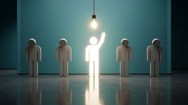 Leadership concept with illuminated figure among gray silhouettes on reflective floor
