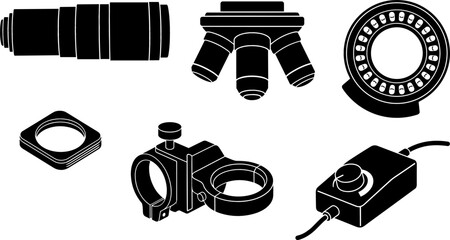 Microscope Objective Lens and Machine Vision Vector Icon Set Featuring Nosepiece Ring Light Adapter Bracket and Power Controller Hardware © MdMohsin