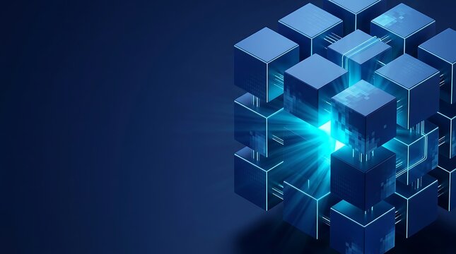 Abstract isometric blue network of interconnected cubes with glowing central connection point