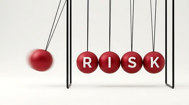 Newtons cradle with risk letters representing potential danger and impact on a white background