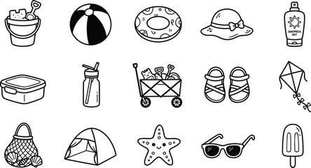 Summer beach vacation icon vector set with hand drawn doodle toys sunglasses tent sunscreen and holiday essentials sketch illustration © Kulsum