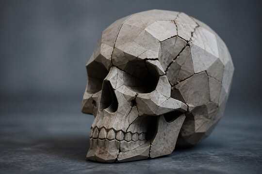 A cracked, weathered stone skull rests on a dark surface against a gray background.