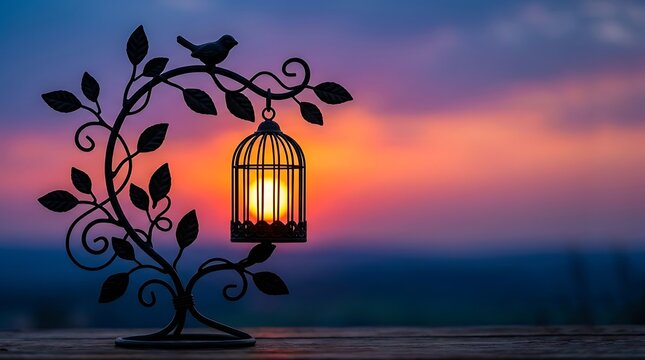 Decorative metal birdcage with glowing light against a vibrant sunset sky and foliage