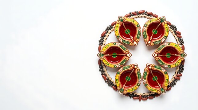 Decorative clay diyas arranged in a circular pattern on a white surface for Diwali celebrations