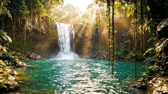 Lush tropical waterfall cascading into turquoise pool, sunbeams filtering through jungle canopy, serene natural paradise