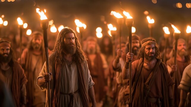 Gideon leading his three hundred men with torches against the Midianite camp at night.