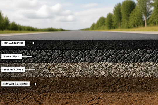 A cross-section diagram illustrating the layers of a road structure from asphalt surface to compacted subgrade.