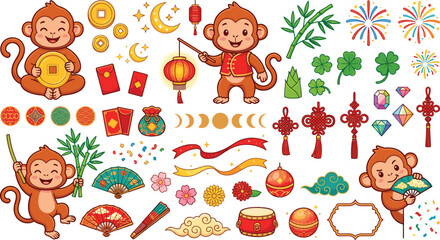Chinese New Year cute monkey character vector set featuring traditional lunar festival decorations lanterns red envelopes and bamboo elements © Kulsum
