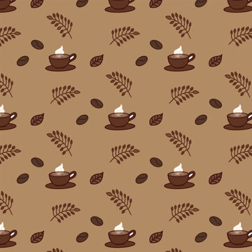 Cute Coffee Cup Seamless Pattern with Coffee Beans and Leaves on Beige Background