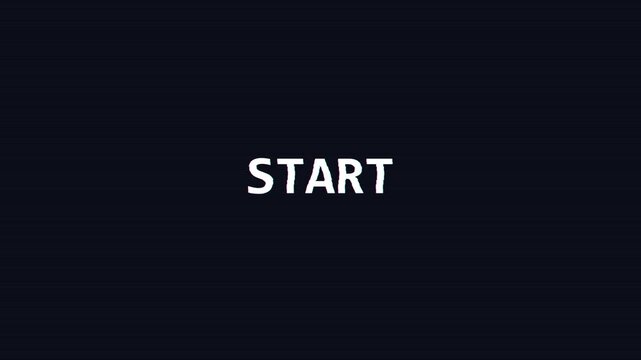 Retro glitch text "START" on dark striped background, digital transition, gaming intro sequence, retro gaming vibe