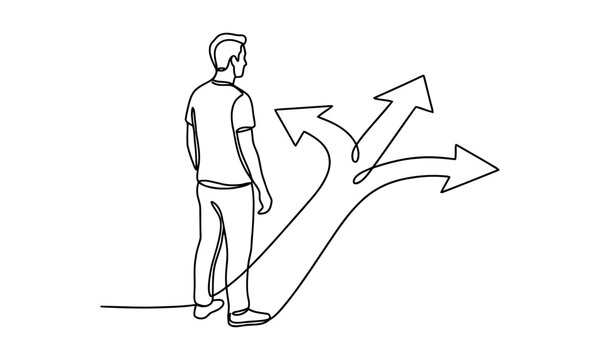 Continuous single line drawing of a man standing in front of three different direction arrows