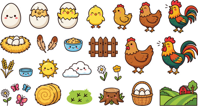 Cute kawaii chicken life cycle vector set with cartoon rooster hen chicks hatching egg barn and farm elements
