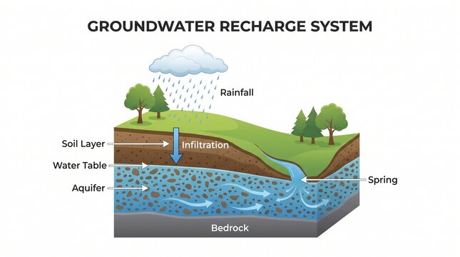 Educational vector illustration of groundwater recharge system showing water cycle infiltration and aquifer layers