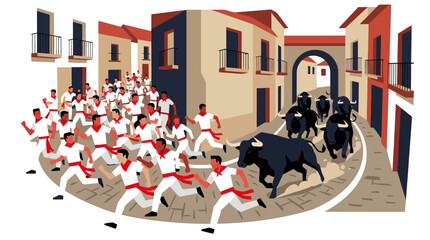 Running of the Bulls Festival in Spanish Town Street Scene Illustration