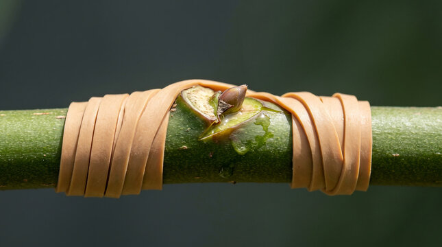 Close up of a plant bud graft bound tightly with a rubber band