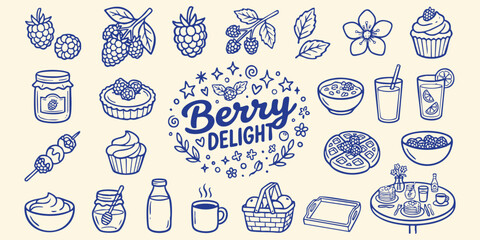 Hand drawn berry elements and treats with sweet delight text during a whimsical breakfast © Ishtiaq