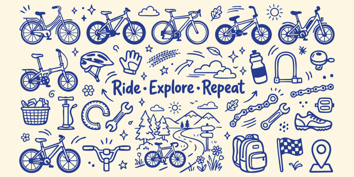 Hand drawn bicycle collection with cycling gear and outdoor adventure elements on a cream background