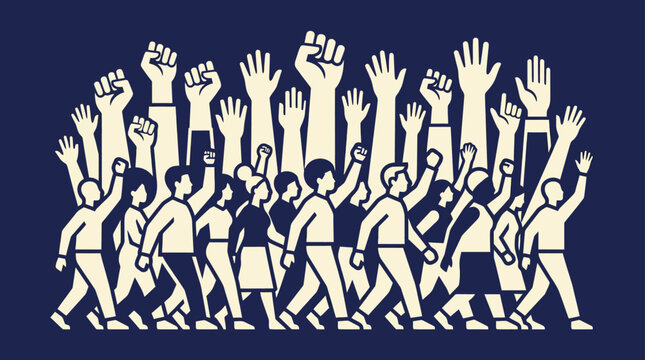 Protest crowd with raised fists and hands, conceptual illustration