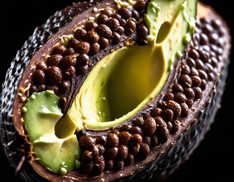 Raw culinary ingredient macro: detailed texture of a dark rough avocado skin
