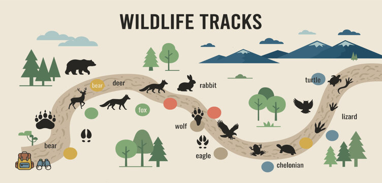Animal footprints chart with black paw tracks and hoof silhouettes, labeled wildlife and farm animal track guide, vector illustration isolated on white background