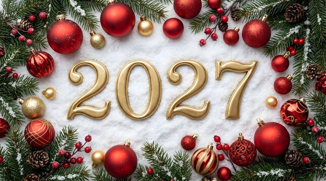 Festive happy new year 2027 golden numbers with red ornaments and evergreen holiday decorations