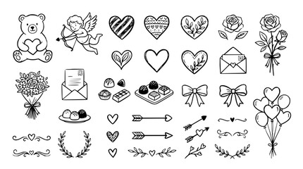 Hand Drawn Valentine Day Doodle Element Set with Teddy Bear Cupid Love Letters Chocolate Box Rose Bouquet and Hearts for Romantic Greetings Vector Design © Md Imran